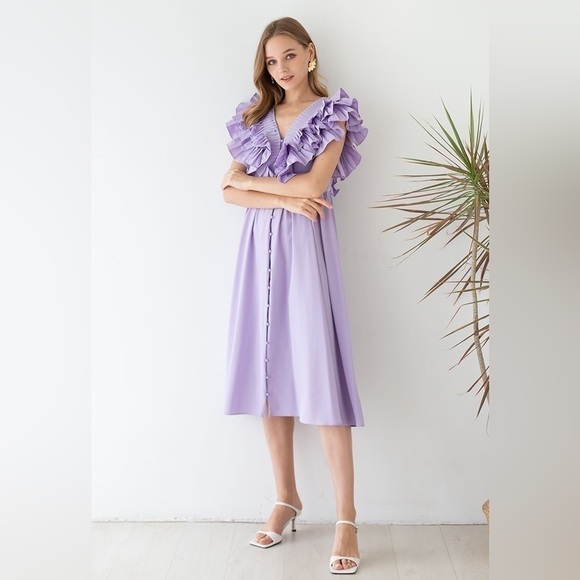 PLEATED RUFFLE BUTTONED DEEP V-NECK DRESS IN LILAC - Picture 4 of 14